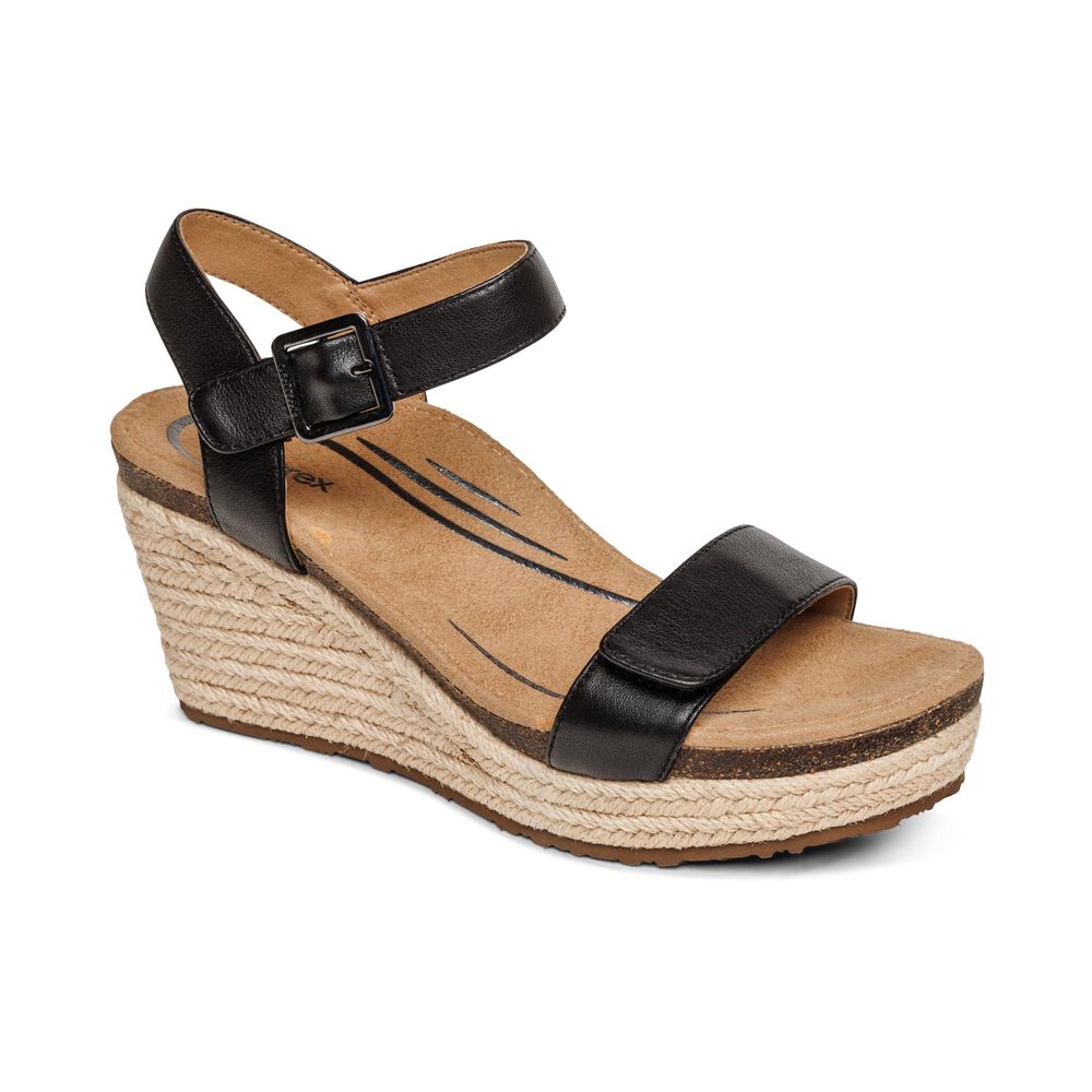 Aetrex Women's Sydney Quarter Strap Espadrille Wedge Sandals - Black | USA YTP32L7